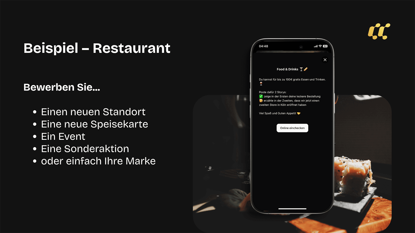 Der CreatorCard-App-Bildschirm für ein Restaurant-Angebot mit Check-in-Button, daneben Beispiele für Themen, die ein Betrieb vorgeben kann - etwa ein neuer Standort, eine neue Speisekarte oder eine Aktion.