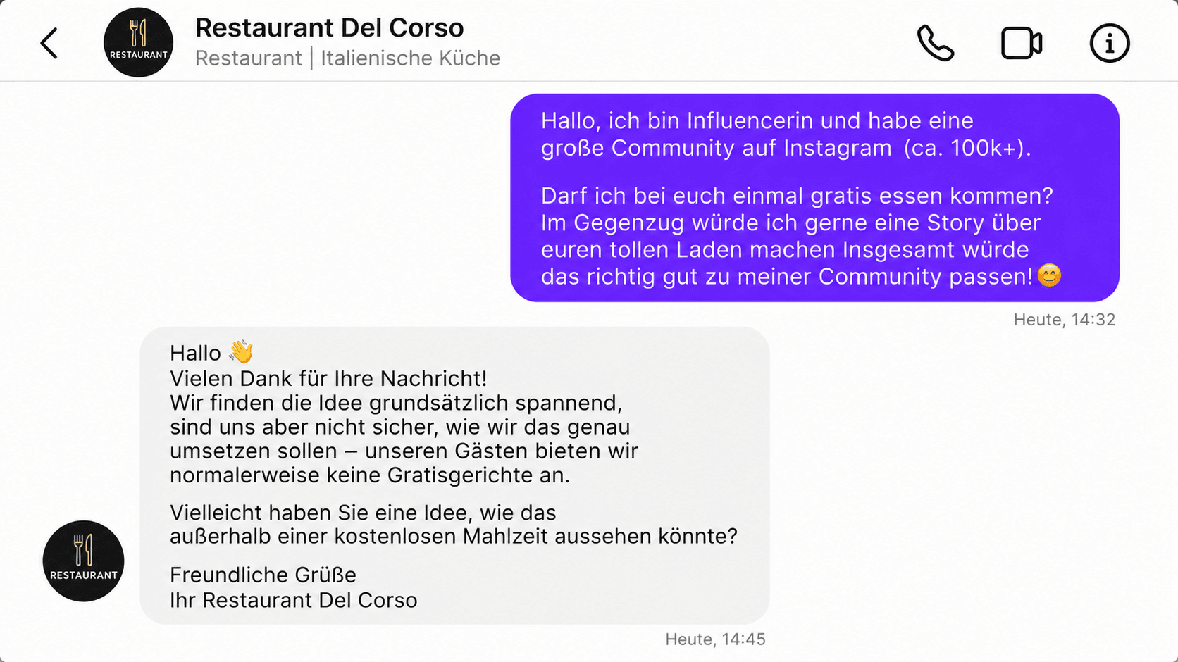 Chatverlauf: Eine Influencerin bittet ein Restaurant um ein Gratis-Essen im Austausch für eine Instagram-Story, das Restaurant antwortet zurückhaltend.